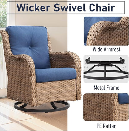 Luxury Wicker Swivel Patio Chairs Set of 3, Outdoor Swivel Rocking Chairs with Side Table, Outdoor Bistro Set for Patio, Porch, Yard, Deck, Poolside, Yellow/Blue