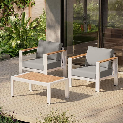 Aluminum Outdoor Sofa Bistro Set, 3 Piece Outdoor Patio Furniture Set with Washable Thick Cushion, Patio Sectional Furniture Set for Porch, Balcony, Deck, Yard, White