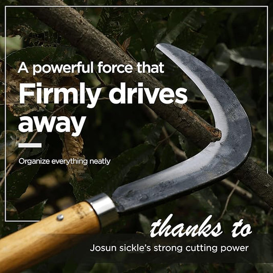 Big Size Josun Sickle - Hand-Forged Handmade Korean Weeding and Brush Clearing Tool with Razor-Sharp Blade and Chestnut Wood Handle