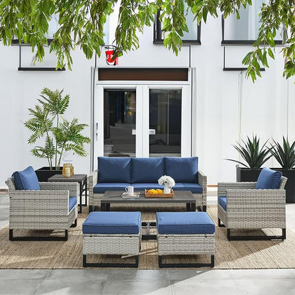 HUMMUH 7 Piece Patio Furniture All Weather Wicker Outdoor Sectional Sofa with Side Table,High Back Patio Chairs,Coffee Table and Ottomans Set for Porch,Garden,Backyard