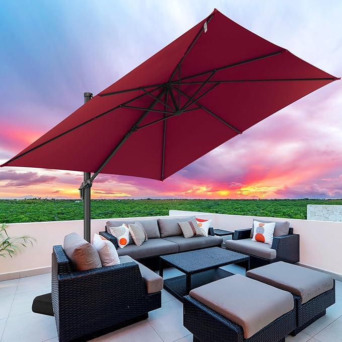 Hotime 10ft Patio Umbrella Outdoor Patio Windproof and Height adjustable, Heavy Duty Aluminum Square Offset Patio Umbrella Cantilever Pool Umbrella with 360°Rotation for Garden Deck Pool, Wine Red