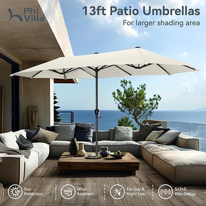 PHI VILLA 13ft Large Patio Umbrellas, Double-Sided Outdoor Market Rectangle Umbrella for Outside, Ivory