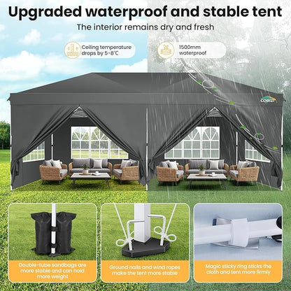 COBIZI 10x20 Pop Up Canopy Tent with 6 Removable Sidewalls,Waterproof & UV 50+ Easy Up Canopy,Commercial Gazebo with Air Vent,4 Sand Bags,4 Stakes & 8 Ropes,Tents for Parties/Camping/Backyard,Gray