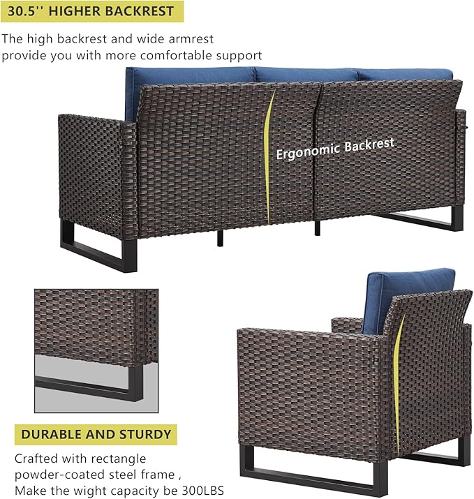 HUMMUH 8 Piece Patio Furniture with Fire Pit,PE Wicker Outdoor Conversation Sets-6-Seater Sofa,Patio Swivel Chairs Outdoor Chairs, Propane Fire Pit,Side Table for Porch,Garden,Backyard(Brown/Blue)