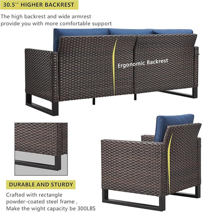 HUMMUH 8 Piece Patio Furniture All Weather 6-Seater Outdoor Sectional Sofa with Patio Swivel Chairs and Outdoor Chairs Ottomans for Porch,Garden,Backyard,Deck(Brown/Blue)