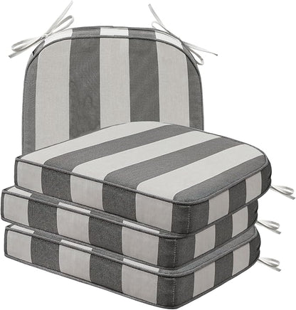 Round Corner Seat Cushions, 17" x 16" x 2", Set of 4, Indoor Outdoor Water Repellent Universal Chair Pads with Ties for Patio Furniture, Garden Deck Dining Chairs, Gray Stripe