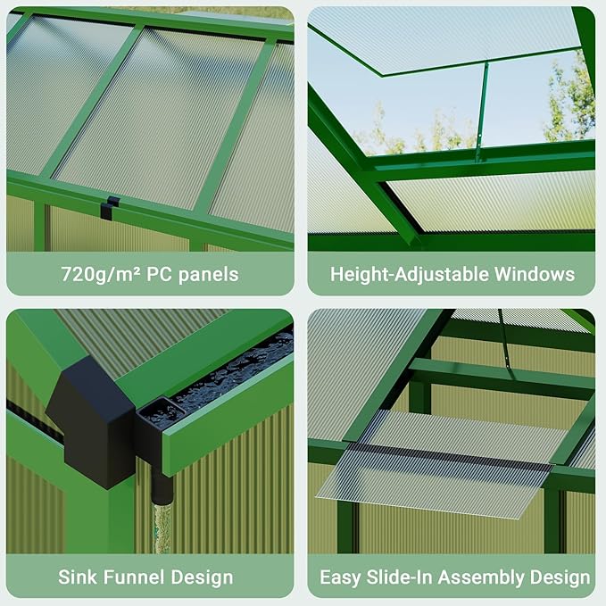 6x8 FT Greenhouse, Greenhouse for Outdoors, Polycarbonate Greenhouses with Quick Setup, Aluminum Frame and Roof Vent, Lockable Door for Backyard, Green Houses for Outside Garden Backyard, Patio