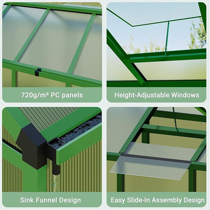 6x8 FT Greenhouse, Greenhouse for Outdoors, Polycarbonate Greenhouses with Quick Setup, Aluminum Frame and Roof Vent, Lockable Door for Backyard, Green Houses for Outside Garden Backyard, Patio