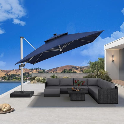 PURPLE LEAF 12' X 12' Solar Powered LED Patio Large Umbrella Offset Double Top Hanging Umbrella Outdoor Market Umbrella for Garden, Spectrum Indigo