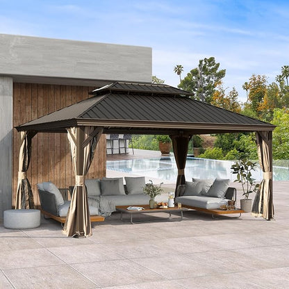Domi 12x16FT Outdoor Gazebo, Hardtop Gazebo with Galvanized Steel Double Roof, Metal Gazebos with Drainage System Patio Pergola for Patio Deck Backyard,Curtain and Netting,Brown