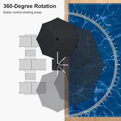 PURPLE LEAF 12ft Patio Umbrella With Base Solar powered LED Cantilever Umbrella with LED lights Windproof Outdoor Offset Umbrella for Garden Deck Pool Patio, Black