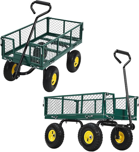 Heavy Duty Garden Cart On Wheels - 880LBS Metal Wagon with 10" Pneumatic Wheels, 180° Rotating Handle & Removable Sides - All-Terrain Yard Wagon for Farm, Beach & Outdoor Use