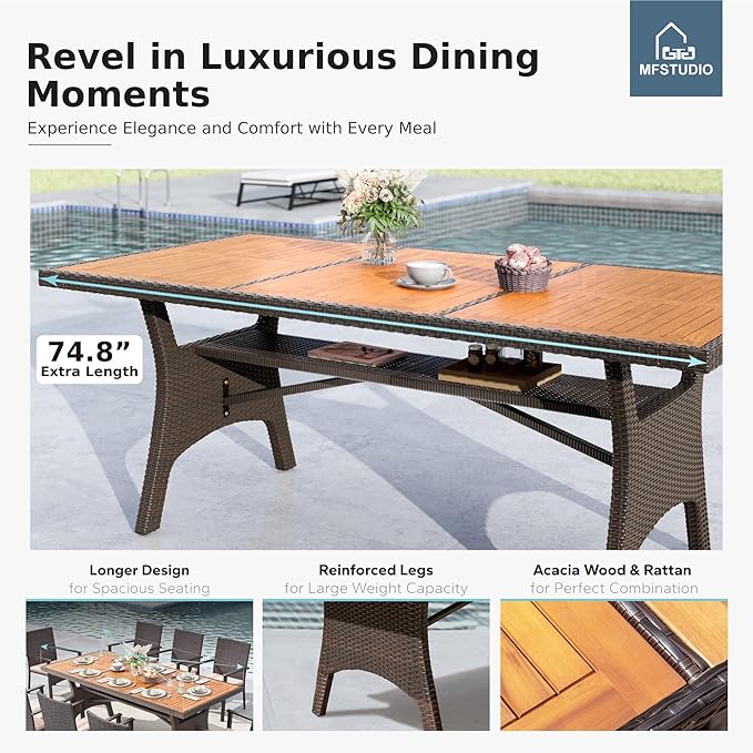 MFSTUDIO Outdoor Dining Sets for 8, 9 Pieces Patio Dining Furniture, 74’’ Rectangular Outdoor Table and Chairs, Acacia Wood Top & Rattan and Metal Frame, Modern Patio Furniture