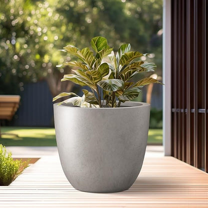 Kante 10 Inch Dia Round Concrete Planter, Indoor Outdoor Large Plant Pot with Drainage Hole and Rubber Plug for Home Patio Garden, Weathered Concrete