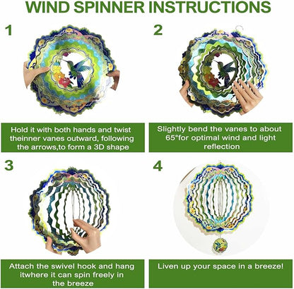 Hummingbird Wind Spinners for Yard and Garden, 12 inch 3D Metal Wind Spinner, Hummingbird Gifts for Mom and Dad, Hanging Wind Spinner for Outdoor & Indoor Decorations