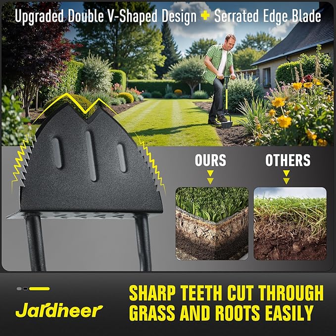 Jardineer Edger Lawn Tool Long Handle, Upgraded Manual Grass Edger with Double V-Shaped Serrated Edge Blade and Wide Footplate, Edgers for Landscaping Yard Maintenance