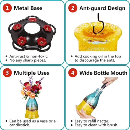 LUJII Hummingbird Feeders for Outdoors with Ant Proof, Handmade Blown Glass Hummingbird Feeder for Outside with S Hook, 25 fl.oz, Leak Proof, Multiple Functions Vase or Garden Decor, Blue Mixed Yellow
