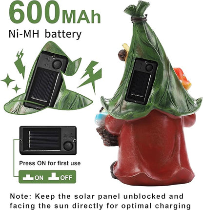 Gnome Solar Garden Statue with 3 LED Lights, Mushroom-Picking Gnome Statue Outdoor Decor for Patio, Yard, Balcony, Lawn Ornament, Unique Gift for Mom