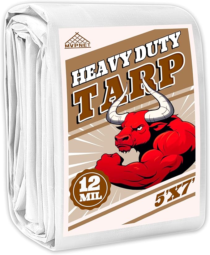 Tarp 5x7 ft Heavy Duty 12mil 100% Waterproof High Durability Multipurpose,Uv Resistant,White Tarp Suitable for Swimming Pools, Boats, Camping, Courtyards, Etc -by MVPNET