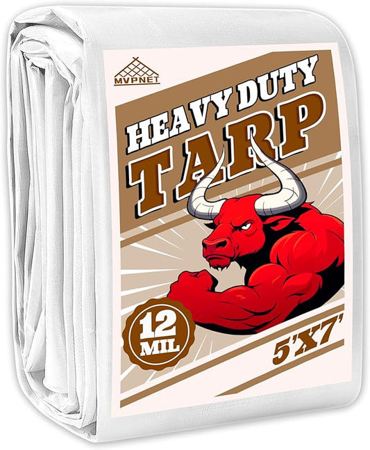 Tarp 5x7 ft Heavy Duty 12mil 100% Waterproof High Durability Multipurpose,Uv Resistant,White Tarp Suitable for Swimming Pools, Boats, Camping, Courtyards, Etc -by MVPNET