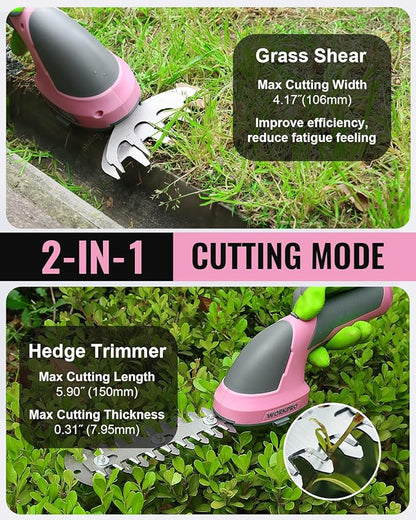 WORKPRO Cordless Grass Shear & Shrubbery Trimmer - 2 in 1 Handheld Hedge Trimmer 7.2V Electric Grass Trimmer Hedge Shears/Grass Cutter Rechargeable Lithium-Ion Battery and Type-C Cable - Pink Ribbon