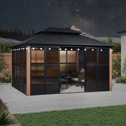 PURPLE LEAF 12' X 14' Patio Hardtop Gazebo Double Top Outdoor Screen House Aluminum Solarium Backyard Sun Room with Detachable Windows and 24 Solar String Light
