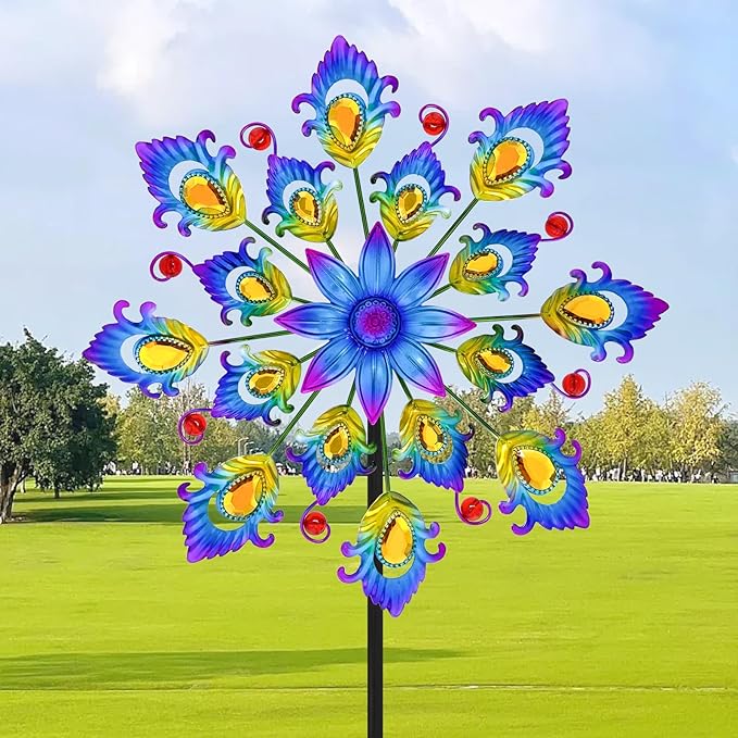45" Feathers Wind Spinners for Yard and Garden, 16pcs Peacock Feathers Kinetic Outdoor Decor, Wind Sculpture Yard Art Decorations for Patio, Lawn