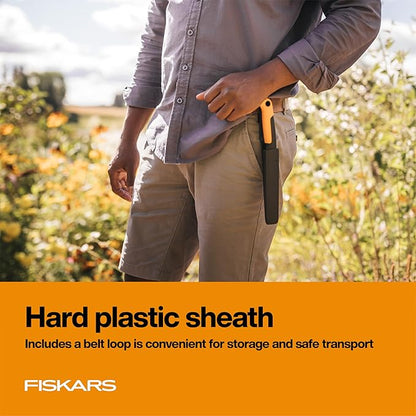 Fiskars Harvesting Knife with Serrated Edge, Gardening Hand Tool with Flat Tip Blade and Sheath, Perfect for Thick Stalks and Stems