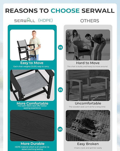 SERWALL Outdoor Dining Sets for 4 with 1 Umbrella Hole Cut-Out Rectangular Table and 4 Textilene Chairs, Patio Dining Table Sets for Garden, Backyard, Poolside, Black