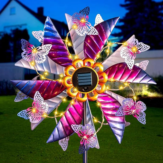 Large Solar Wind Spinners for Yard and Garden - 360° Metal Large Wind Sculptures Outdoor Clearance Kinetic Windmills with Vine String Shining LED Lights for Patio, Lawn Garden Decoration