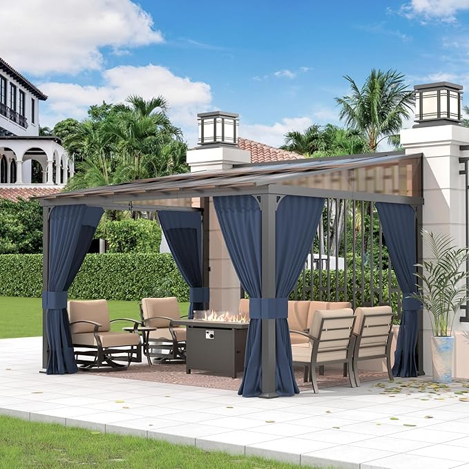 Gotland 10FTx12FT Outdoor Wall-Mounted Hardtop Pergola, Metal Frame Gazebo with Sloping Sun Panel Roof and Double Curtains for Patio, Garden, Lawn, Navy
