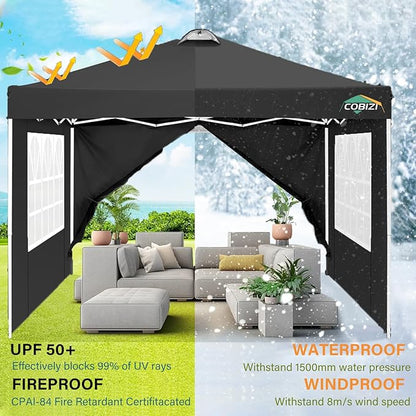 COBlZI 10x10 Pop Up Canopy Tent with 4 Removable Sidewalls，One Push Setup Waterproof Commercial Gazebo Tent with Air Vent, 4 Sandbags，4 Stakes & 8 Ropes（Tents for Party/Exhibition-Black
