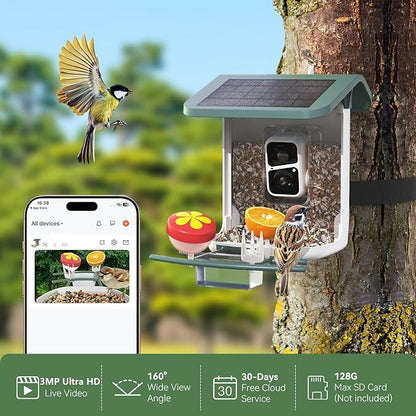Smart Bird Feeder with Camera, Solar Bird Feeder - 2K HD Live Video Camera AI Identify Birds, Visible Window Auto Capture -Instant Arrival Alerts, Birds Lover Gifts
