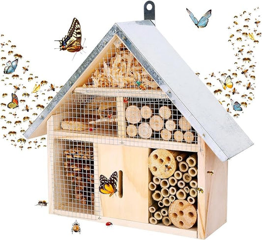 Hanging Bee House Wooden Insect House, Natural Habitat for Beneficial Bees, Bugs, Butterflys, Ladybirds Insect Hotels Garden Yard Home