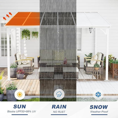 MEISSALIVVE 10' x 12' Wall Mounted Lean to Metal Awnings with Sloped Roof, Outdoor Patio Gazebo Awning for Backyard, Deck, White