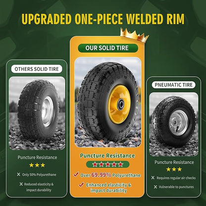 (2 Pack) 4.10/3.50-4 Flat Free Tire and Wheel 10-Inch Solid Wheel Replacement with 5/8 Bearings,2.2" Offset Hub -Compatible with Hand Truck,Wheelbarrow(Yellow)