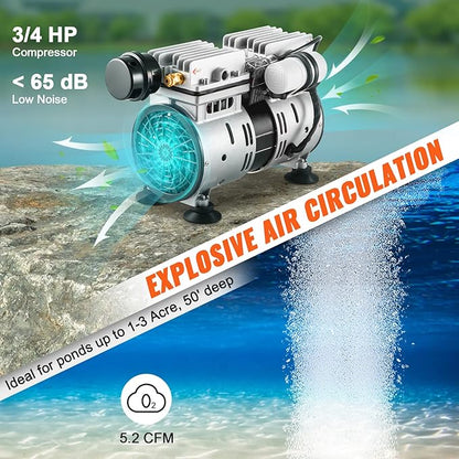 VEVOR Pond Aerator, 550W Power, 5.2CFM for Up to 3 Acre 50' Lake, Includes 3/4 HP Compressor & Timer & Valves, Air Compressor for Deep Water Oxygen Circulation, for Outdoor Ponds or Lakes