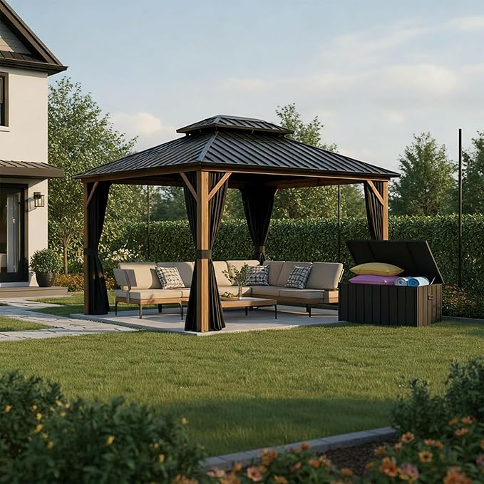 PURPLE LEAF 10' X 12' Hardtop Gazebo with Storage Box Outdoor Wood Grain Aluminum Frame Galvanized Steel Double Roof Gazebos with Netting and Curtains for Patio Deck Backyard Garden