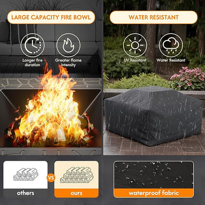 Flamaker Outdoor Fire Pit 32 Inch Firepit Tables Backyard Mutifunctional Square Metal Stove Wood Burning with Cover Poker for Patio, Camping, Bonfire (Bronze)