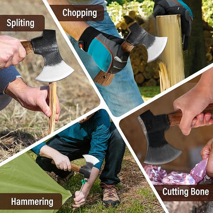 Small Camping Axe with Leather Sheath, 8.46" Backpacking Hatchet with Wooden Handle, Splitting Axe for Jungle, Gardening, Hunting, Survival