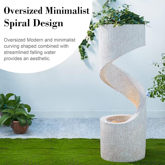 Glitzhome Decorative Tiered Outdoor Water Fountain with LED Light Vintage Curved Waterfall Fountain with Stone Planter Rustic Faux Terrazzo Spiral Shaped Fountains for Garden Patio Deck Porch, 40.25”H