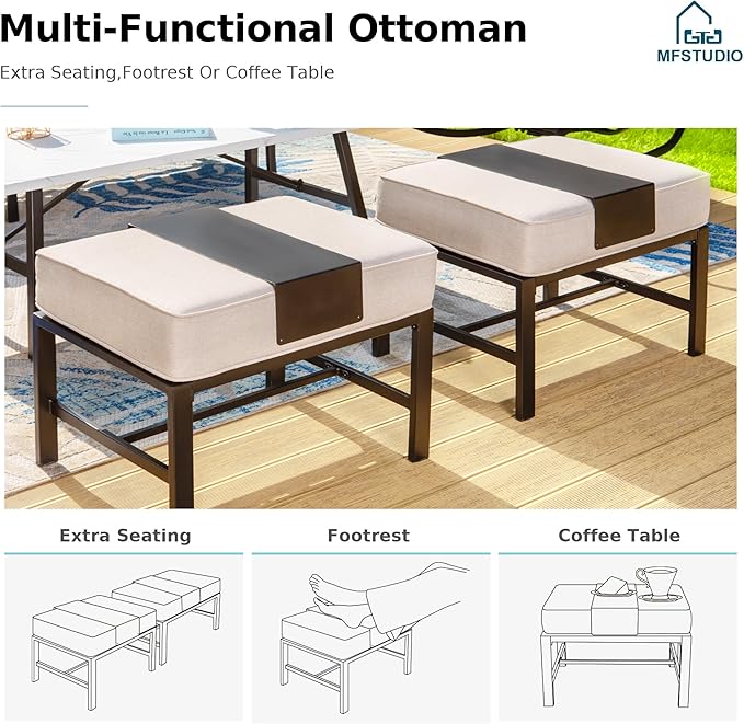 MFSTUDIO 5 Pieces Patio Conversation Sets,Outdoor Metal Furniture Sofas with 1 x 3-Seat Sofa, 2 x Rocking Chairs,2 x Ottoman,Wrought Iron Frame with Beige Cushion for Patio Courtyard Balcony