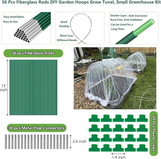 Garden Hoops for Raised Beds, 36pcs Greenhouse Hoops Grow Tunnel, 8ft Rust-Proof Fiberglass Frame for Garden Netting, Row Cover, Protecting Outdoor Plants