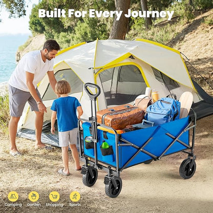 DUMOS Collapsible Wagon Cart Foldable, Heavy Duty Folding Wagon with Wheels, Lightweight Portable Folding Utility Shopping Cart for Grocery Sports Garden Camping