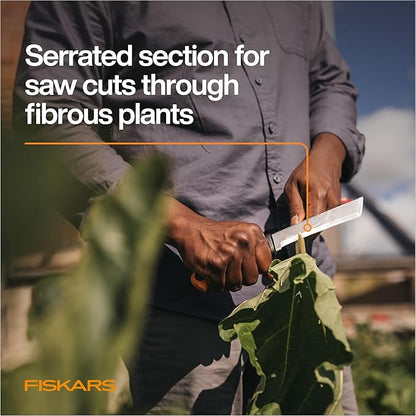Fiskars Harvesting Knife with Serrated Edge, Gardening Hand Tool with Flat Tip Blade and Sheath, Perfect for Thick Stalks and Stems