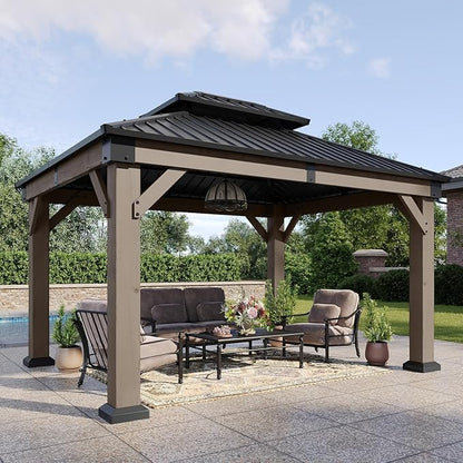 Aoxun 10' x 12' Outdoor Wood Gazebo, Hardtop Gazebo Permanent Wooden Pavilion with Galvanized Steel Double Roof, for Patio, Garden, Deck, Cedar Wood
