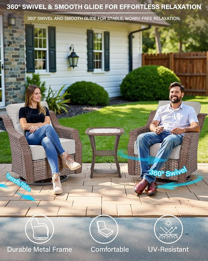 Belord Luxury 6-inch Thick Cushion Patio Furniture Set - Outdoor Swivel Rocker Glider Chairs Set of 4 with Glass Top Side Table, All-Weather Wicker Patio Conversation Set for Deck Balcony Sunroom