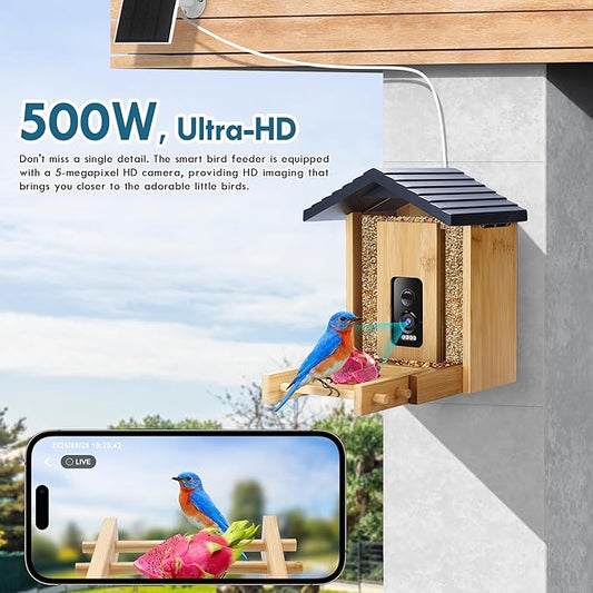 Bird Feeder, 5MP Solar-Powered Smart Bird Feeder with Camera, AI Identifies Birds 10000+, 2.4GHz, Color Night Vision, Instant Notification, Easy to Use, 1.5L Birds Feeders for Outdoor, Yard