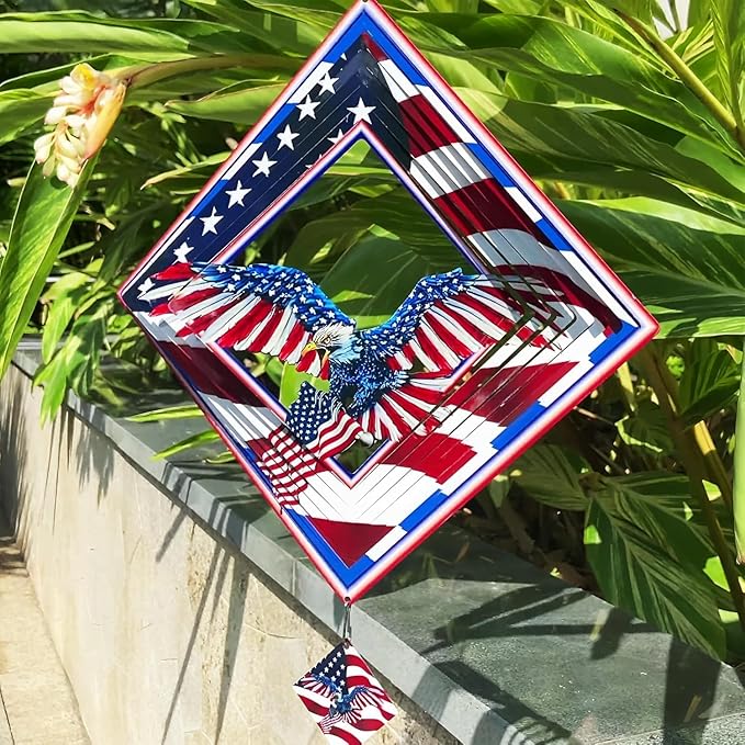 Wind Spinner for Outdoor,12 inch Hanging Wind Sculpture,3D Stainless Steel Flag Eagle Design Wind Spinners Art Ornaments for Garden Yard Balcony Decor (Flag Eagle Wind Spinner)