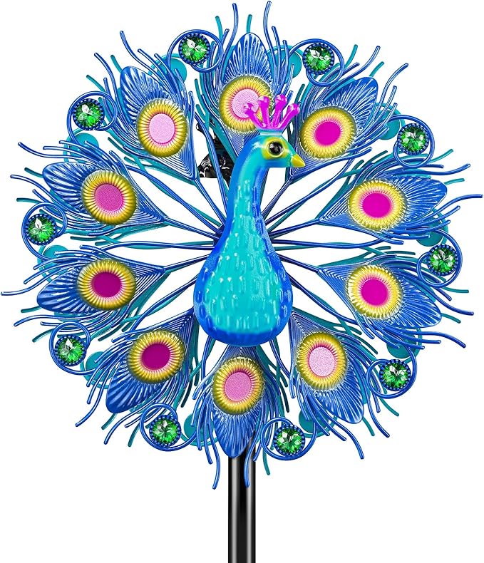 Metal Outdoor Wind Spinner, 2-Way Wind Sculpture Spinner with Metal Stake, Waterproof 360 Degrees Kinetic Windmill Art Decoration for Patio Garden Lawn (Peacock A)